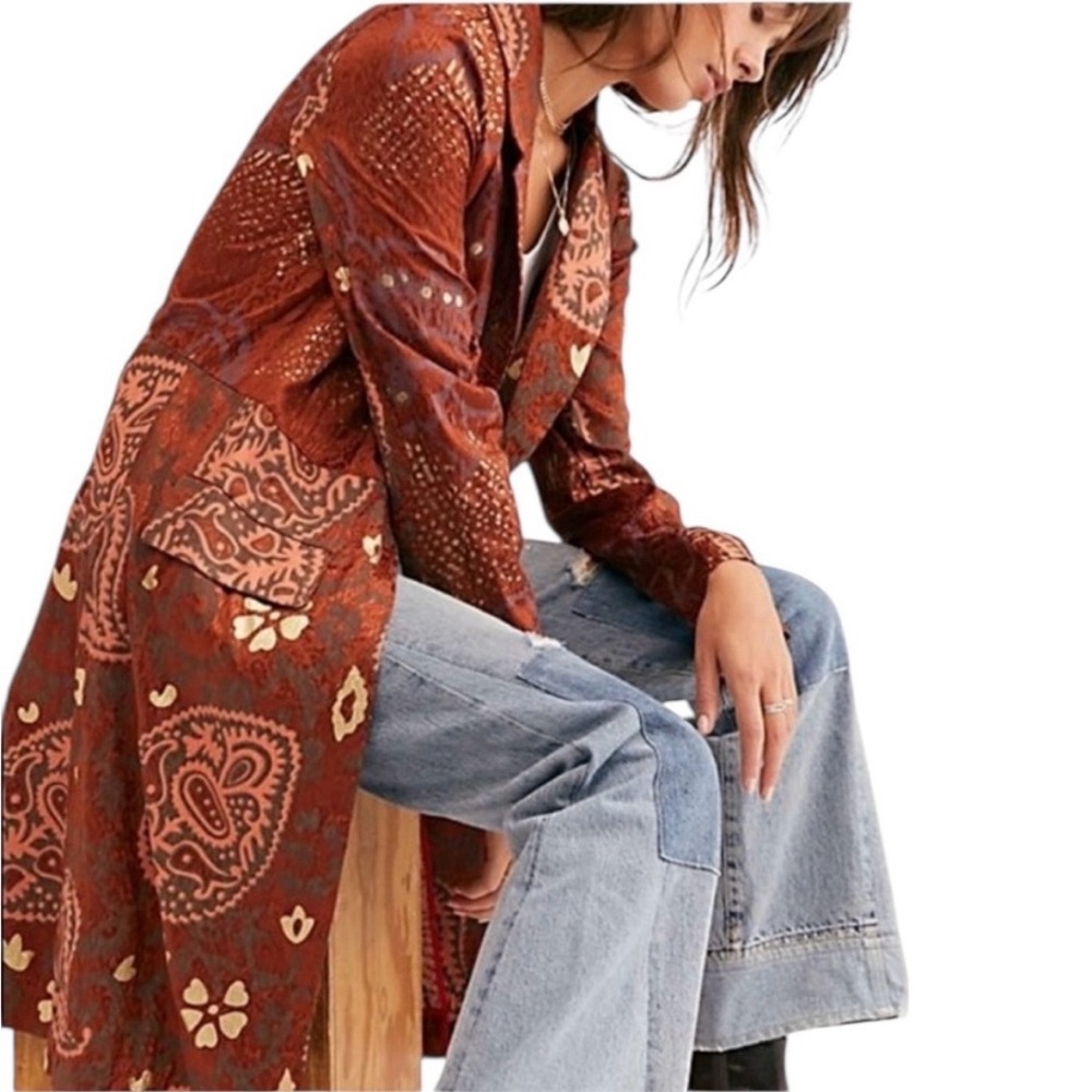 FREE PEOPLE Eye of the Wild Terracotta Stamped Duster Jacket - Picture 3 of 14